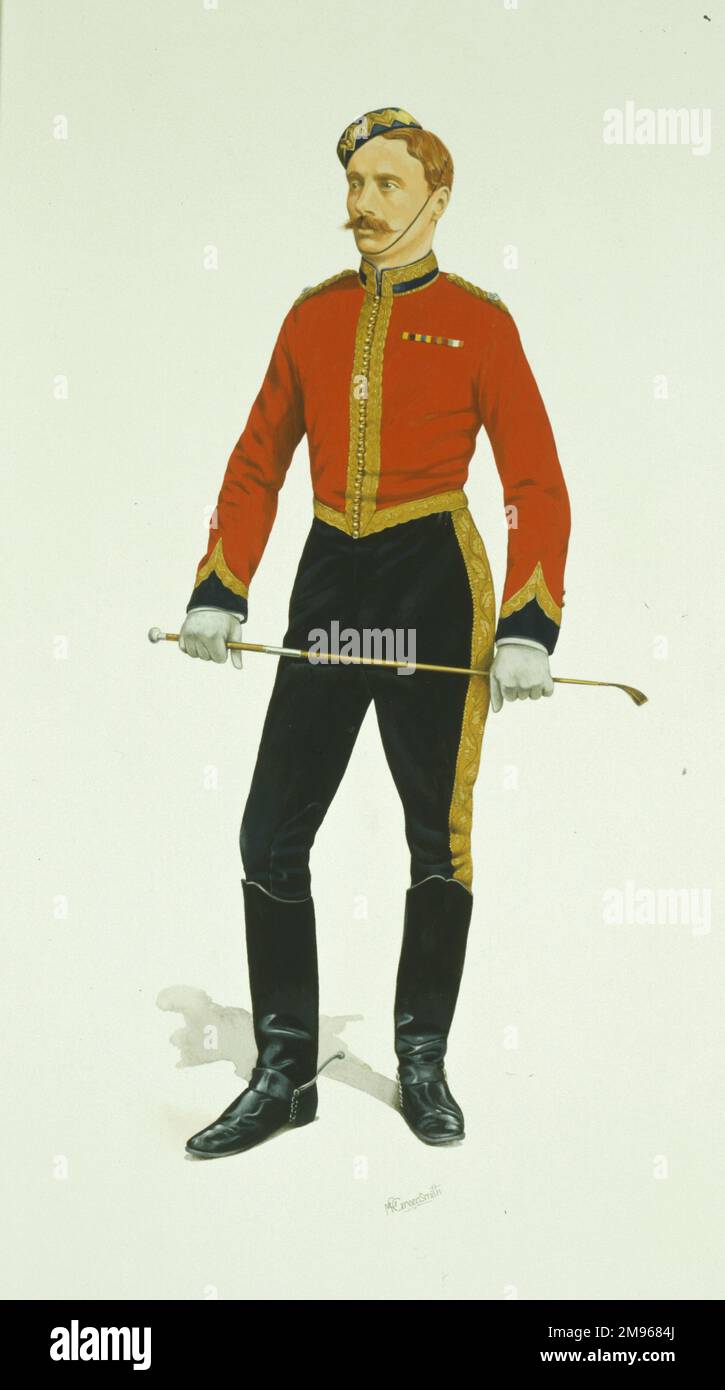 Sergent-major de l'escadron - 5th Royal Irish Lanciers (vers 1890). Rubans de médailles portés : Médaille de l'Égypte (1882-89) et étoile de Kheplongs (1882-91). Les médailles réelles ne sont pas portées avec la 'robe', seulement le ruban. Peinture par Malcolm Greensmith Banque D'Images