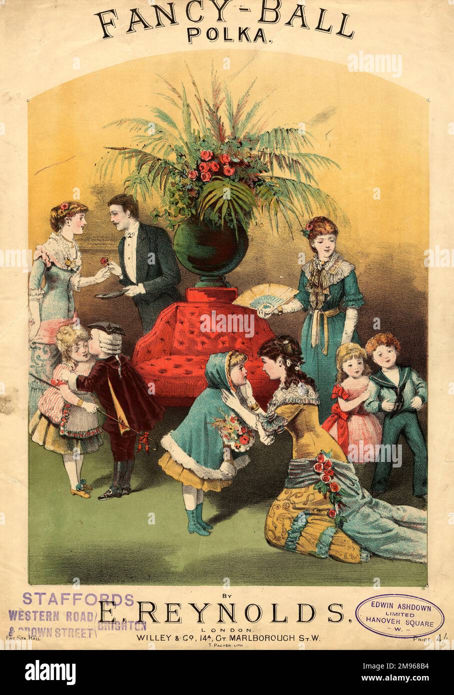 Conception de couverture pour une feuille de musique, la Fancy-ball Polka, par E Reynolds. Une famille victorienne tardive est représentée, avec des adultes et des enfants habillés pour une fête. Banque D'Images