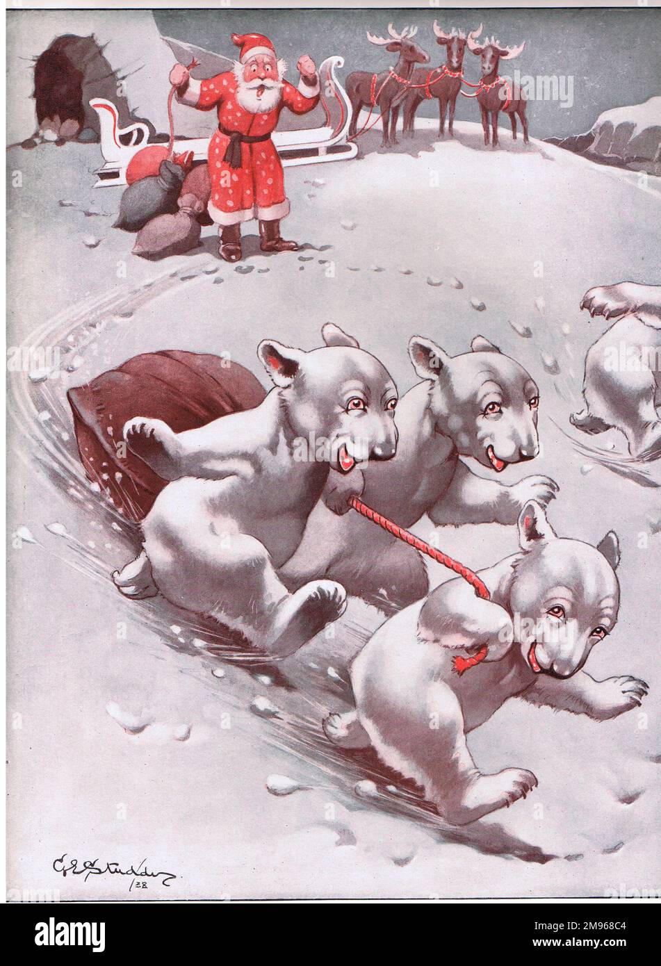 Un ensemble d'ours polaires volent un sac de cadeaux du Père Noël, beaucoup à l'horreur et à l'ennui du Père Noël. Trois rennes regardent impuissants que les ours méchants natent dans la neige. Banque D'Images