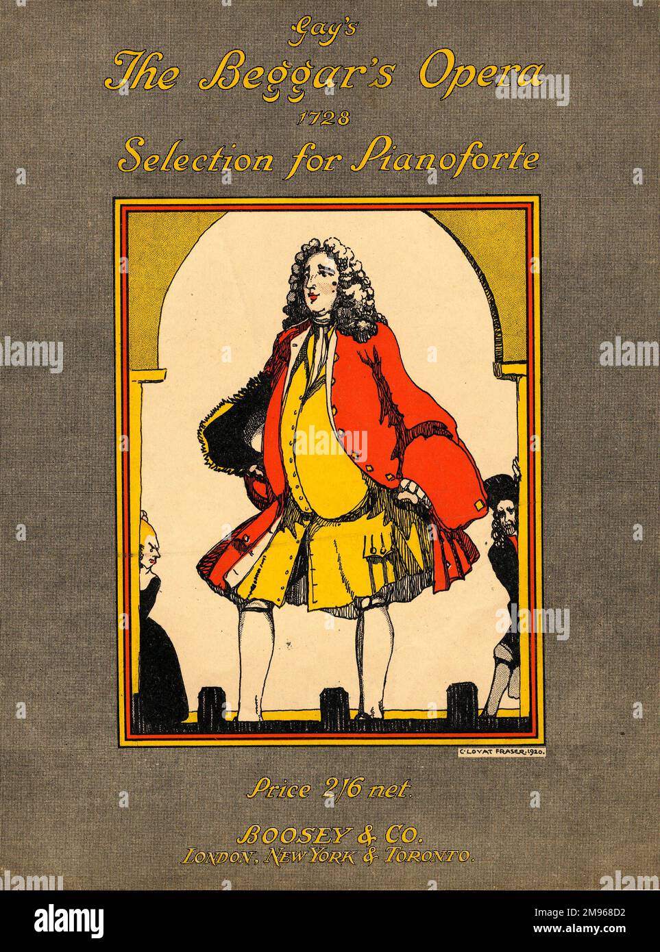 Conception de couverture sur un livre de musique de piano pour l'Opéra de Beggar, par John gay, joué pour la première fois en 1728. Un homme plumeux du 18th siècle est représenté, portant un arc aux lampes de théâtre. Banque D'Images