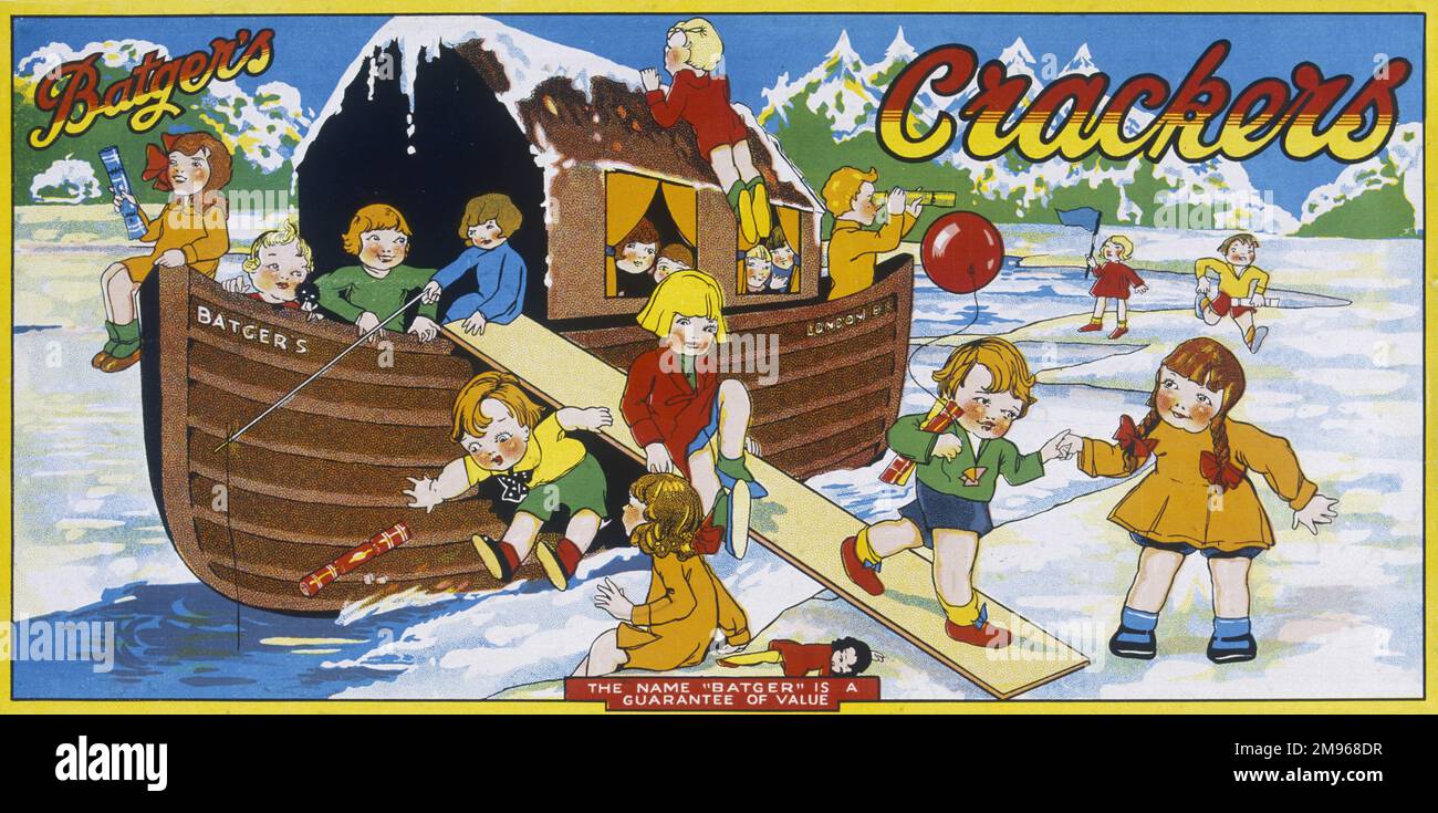 Étiquette colorée et joviale pour une boîte de papillotes de Noël Batgers mettant en vedette un groupe d'enfants arrivant dans un paysage arctique par une arche. Banque D'Images