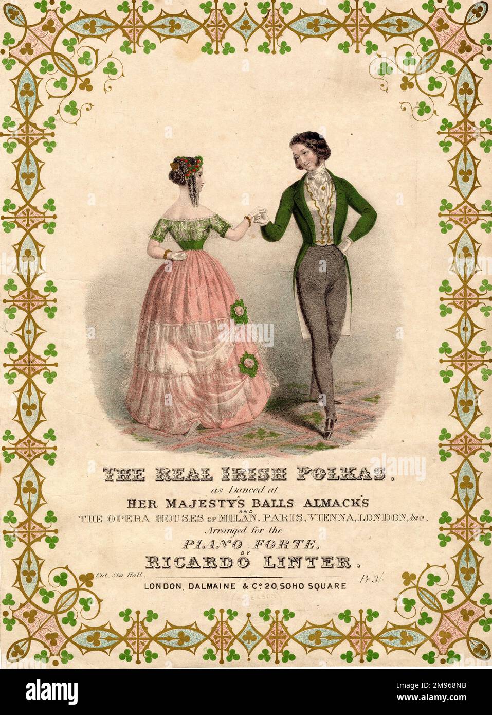 Couverture musicale pour les vrais polkas irlandais, comme dansé aux bals de sa Majesté, Almack's, et les Opéra de Milan, Paris, Vienne, Londres, etc Organisé pour le pianoforte par Ricardo Linter (c1818-1886). Un jeune couple élégant est représenté dansant main dans la main. Banque D'Images