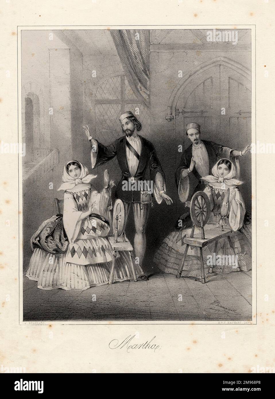 Couverture musicale pour l'opéra comique Martha, ou le marché de Richmond par Friedrich von Flotow (1812-1883), établi au début du 18th siècle. Il a été joué pour la première fois à Vienne en 1847, puis au Théâtre Royal, Drury Lane, en 1849. Lady Harriet et sa femme de ménage, fatiguée de la haute société, se déguisent comme Martha et Julia. Ils sont vus ici assis à leurs roues qui tournent, qu'ils sont incapables de faire fonctionner, et les deux hommes avec eux sont leurs suiteurs infructueux. La scène est réglée en musique comme un quatuor. Banque D'Images