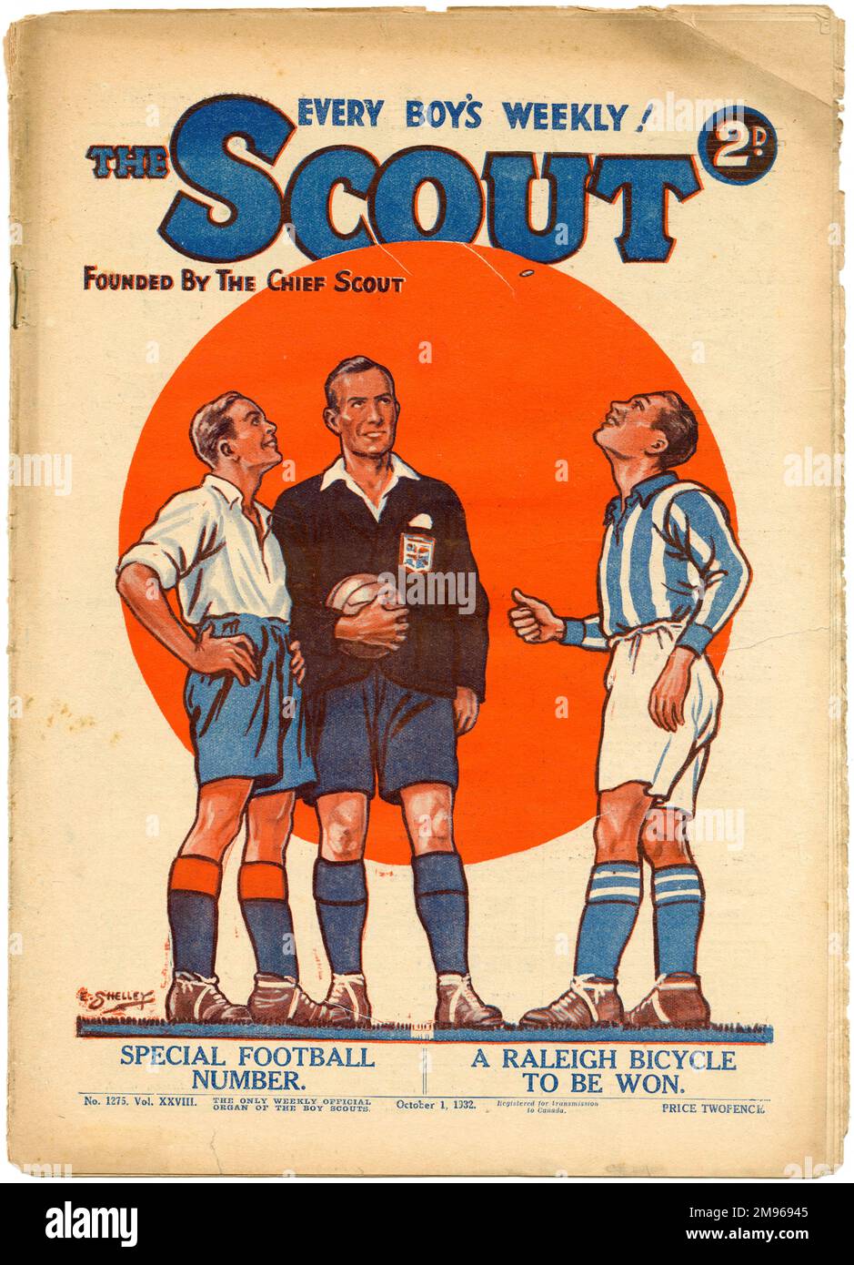 Couverture du magazine Scout, « l'unique orgue hebdomadaire officiel des scouts », avec une photo de deux footballeurs et un arbitre qui jette une pièce de monnaie de manière sportive avant le début d'un match. Banque D'Images