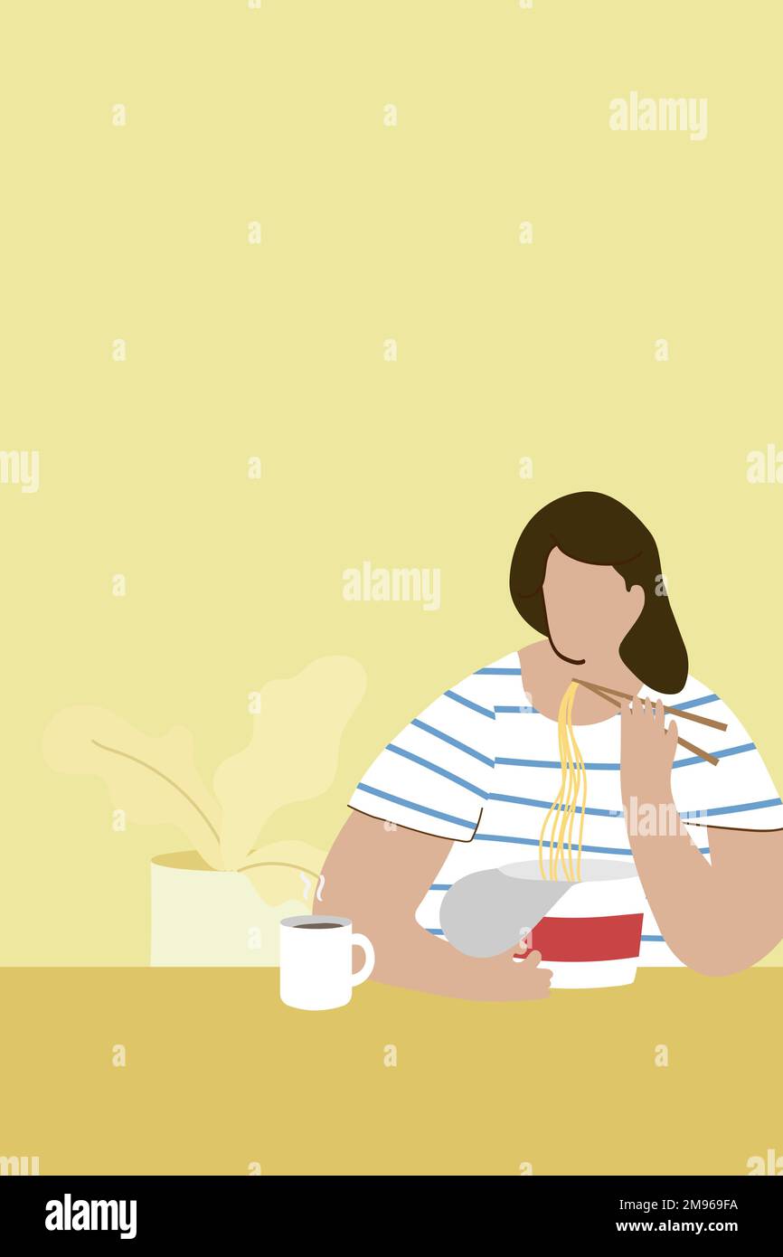 Femme mangeant des nouilles instantanées pendant le vecteur de quarantaine du coronavirus Illustration de Vecteur