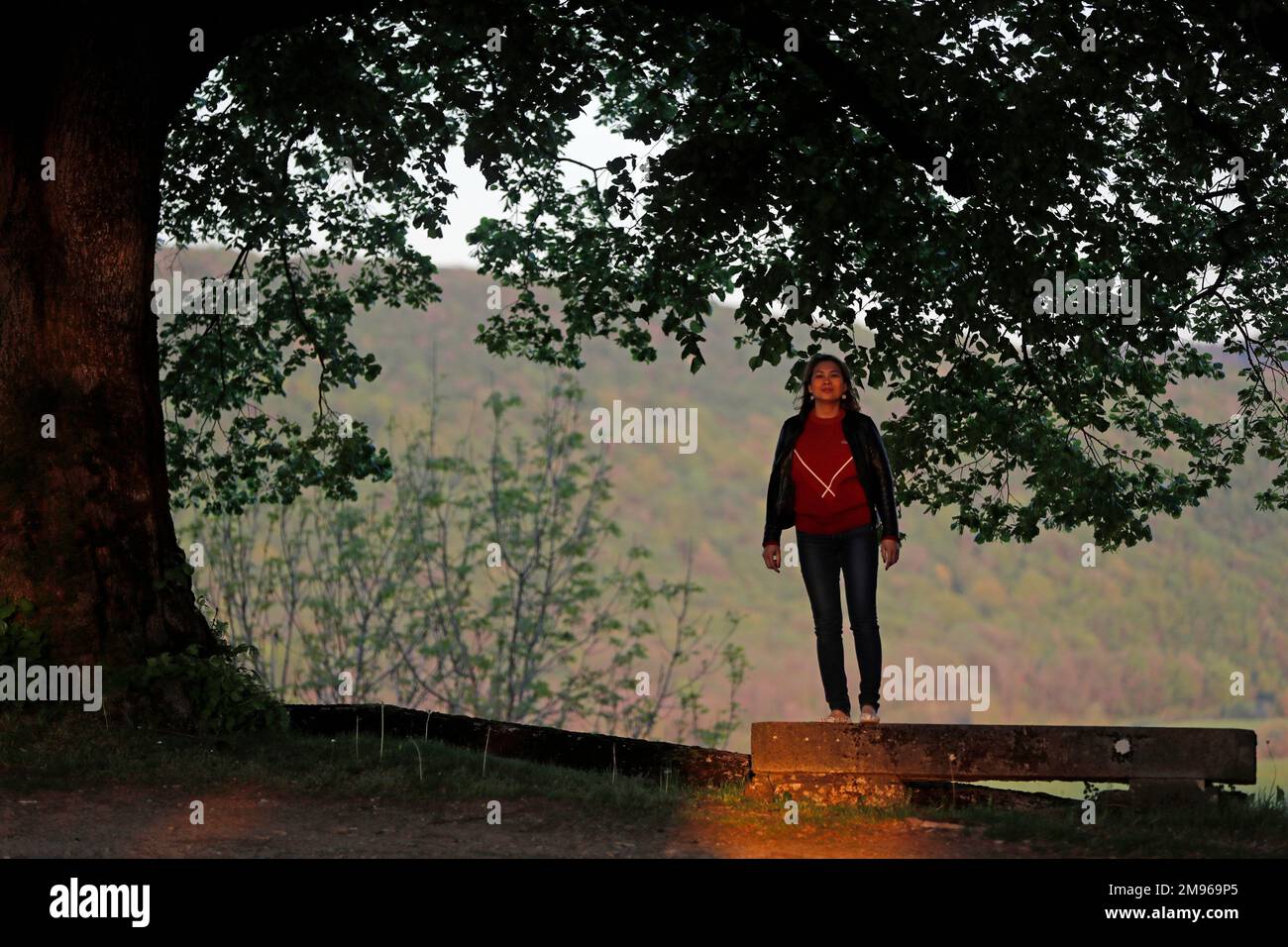 Jeune femme debout sous un grand arbre. Banque D'Images