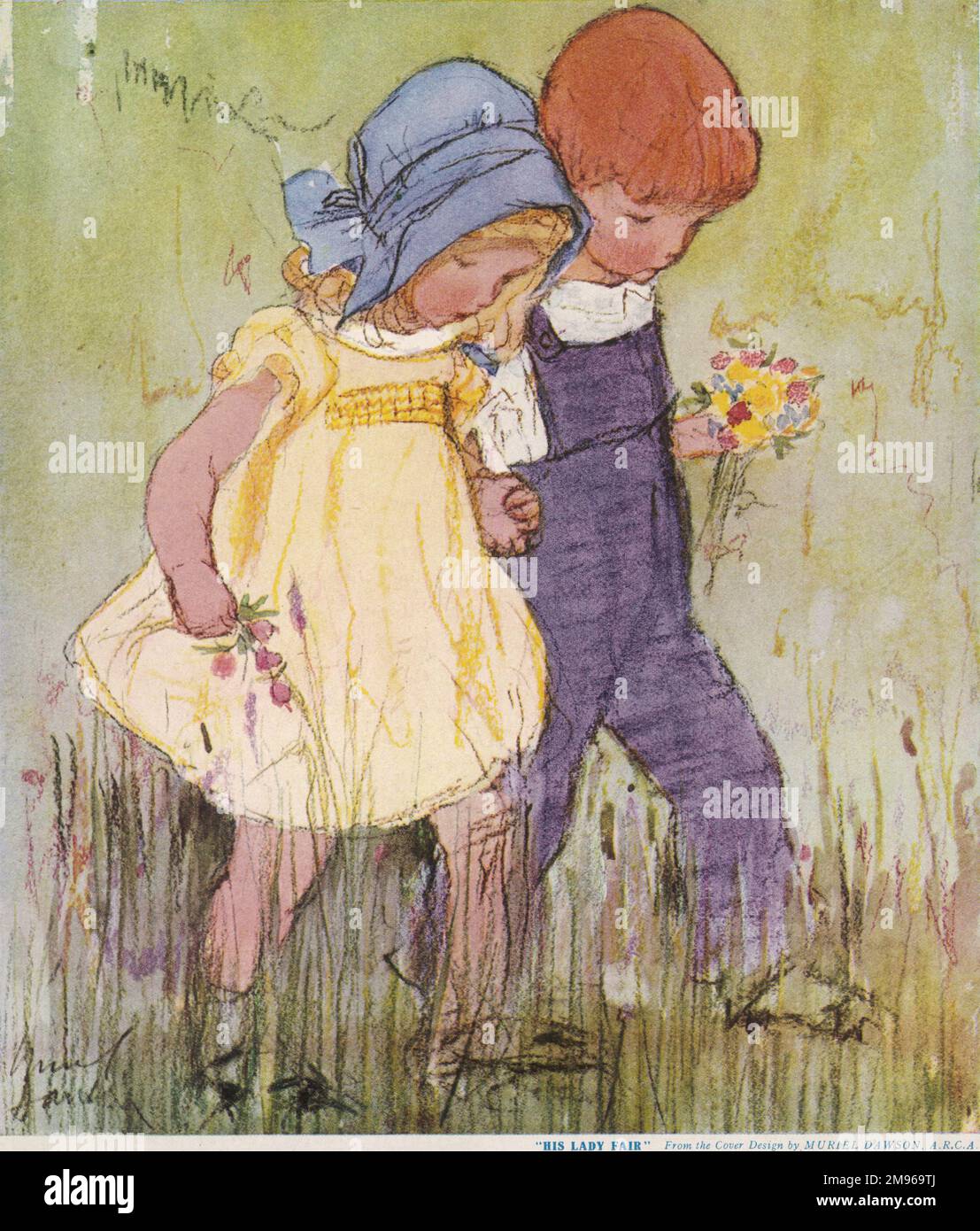 Un petit garçon et une fille marchent main dans la main à travers un champ, chacun tenant un bouquet de fleurs sauvages. Banque D'Images