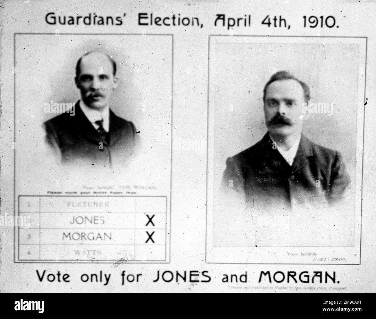 Une brochure électorale du Conseil des Gardiens, exhortant les électeurs à voter uniquement pour Jones et Morgan. Jabez Jones (le père de W E Jones) est photographié à droite. Banque D'Images