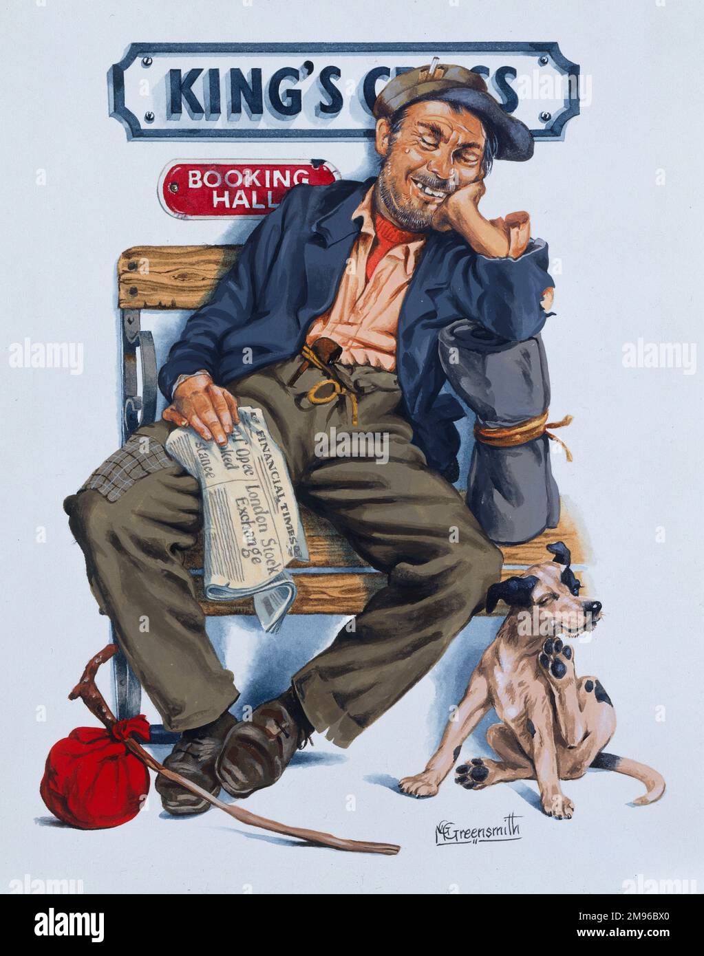 La série Railway Sleeper - Un snoozing tramp à la gare de King's Cross rêvant de la richesse comme il s'occupe d'un exemplaire du Financial Times. Peinture par Malcolm Greensmith Banque D'Images