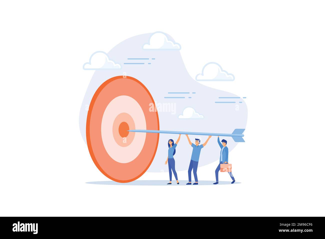 Viser l'objectif, atteindre l'objectif ou la réalisation, collaboration ou partenariat d'équipe, travail d'équipe ou concept de mission d'entreprise, homme d'affaires et femme, plat Illustration de Vecteur