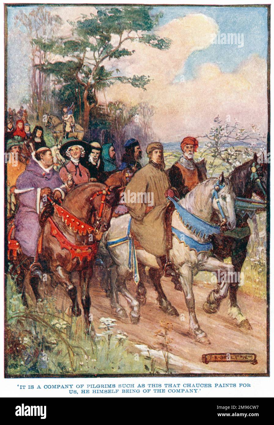 La compagnie de pèlerins de Chaucer sur la route de Southwark à Canterbury, avec Chaucer lui-même à l'avant du groupe. Banque D'Images