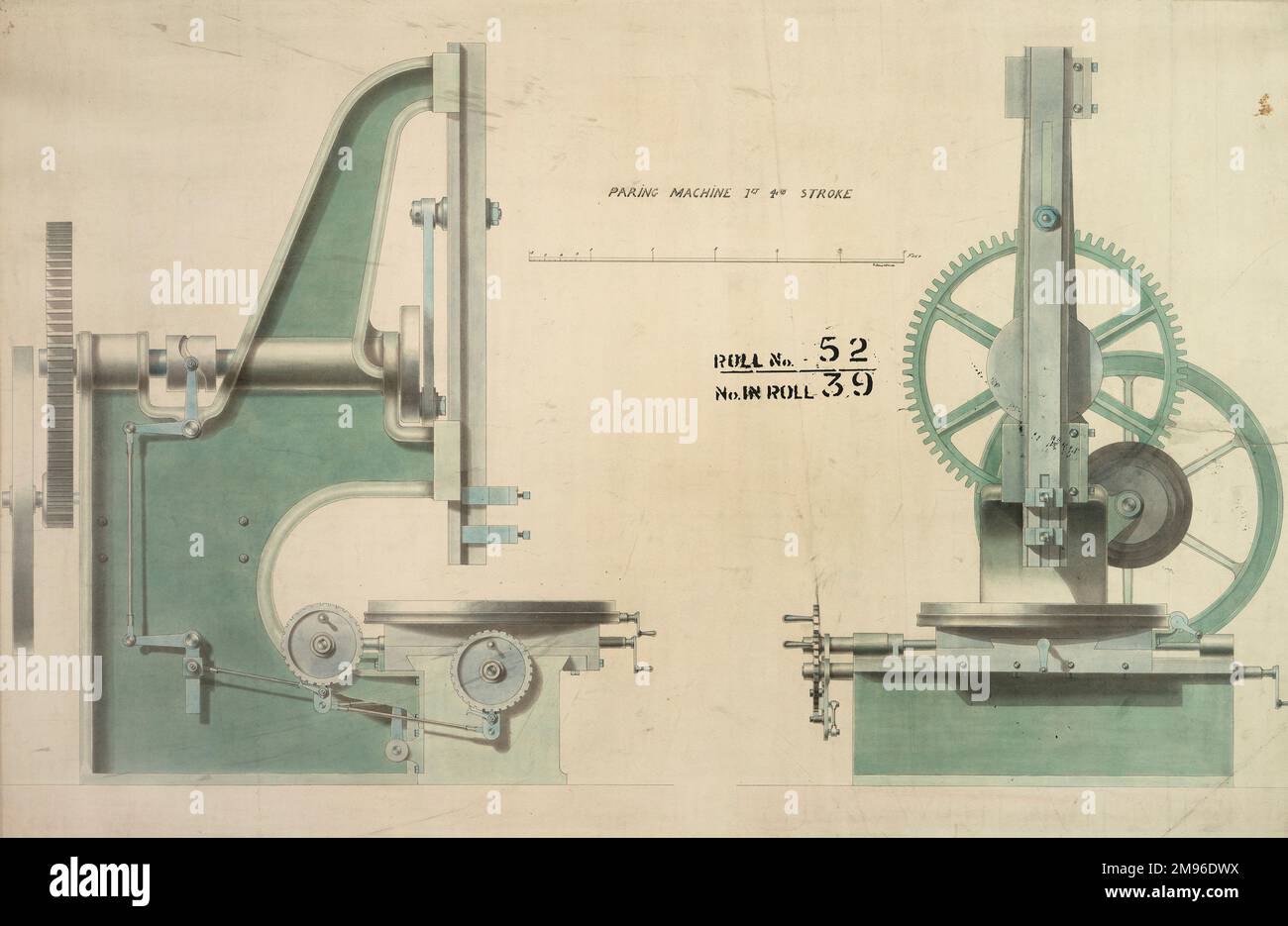Machine à épluchage, course de 1ft 4 po, élévations avant et latérale Banque D'Images