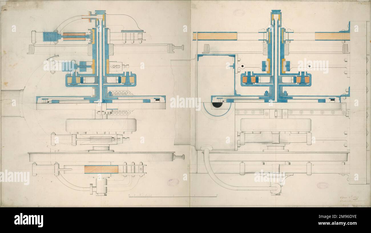 Moteur de locomotive, roues motrices de 6 pieds 6 pouces, sections transversales 3 avril 1849 Banque D'Images