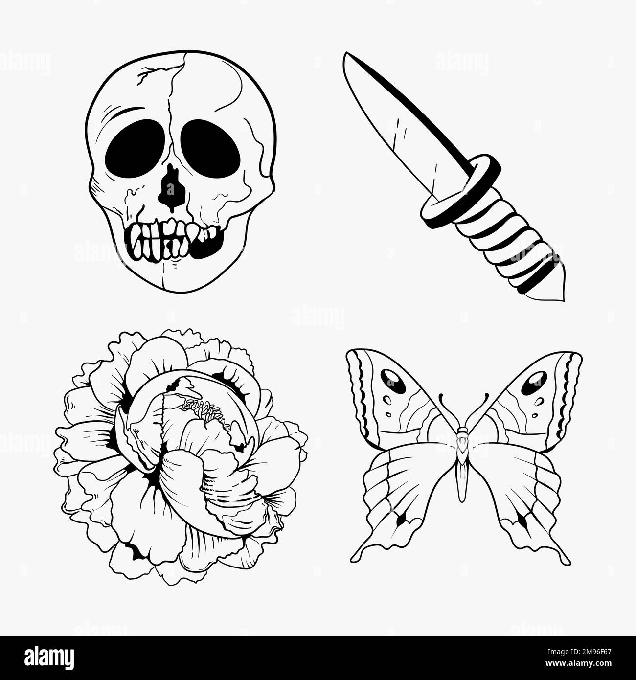 Contour noir et blanc Old School flash tatouage design ensemble vectoriel Illustration de Vecteur