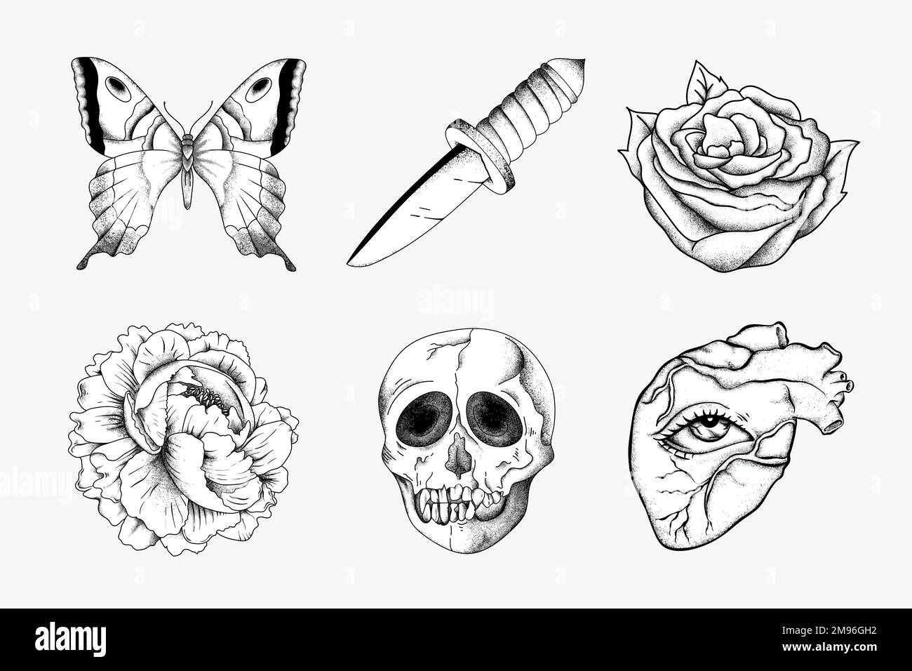 Outline vintage Old School flash tatouage design ensemble vectoriel Illustration de Vecteur