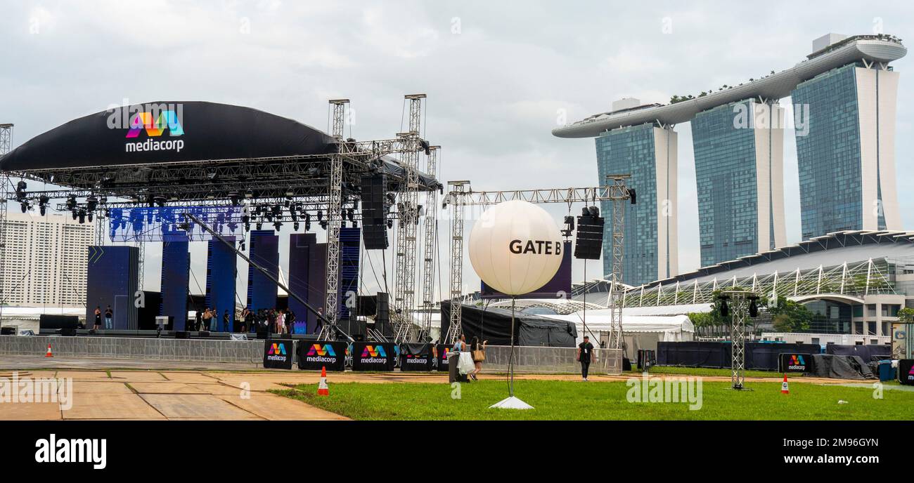 Scène mise en place pour les célébrations de la Saint-Sylvestre à Marina Bay Singapour Banque D'Images