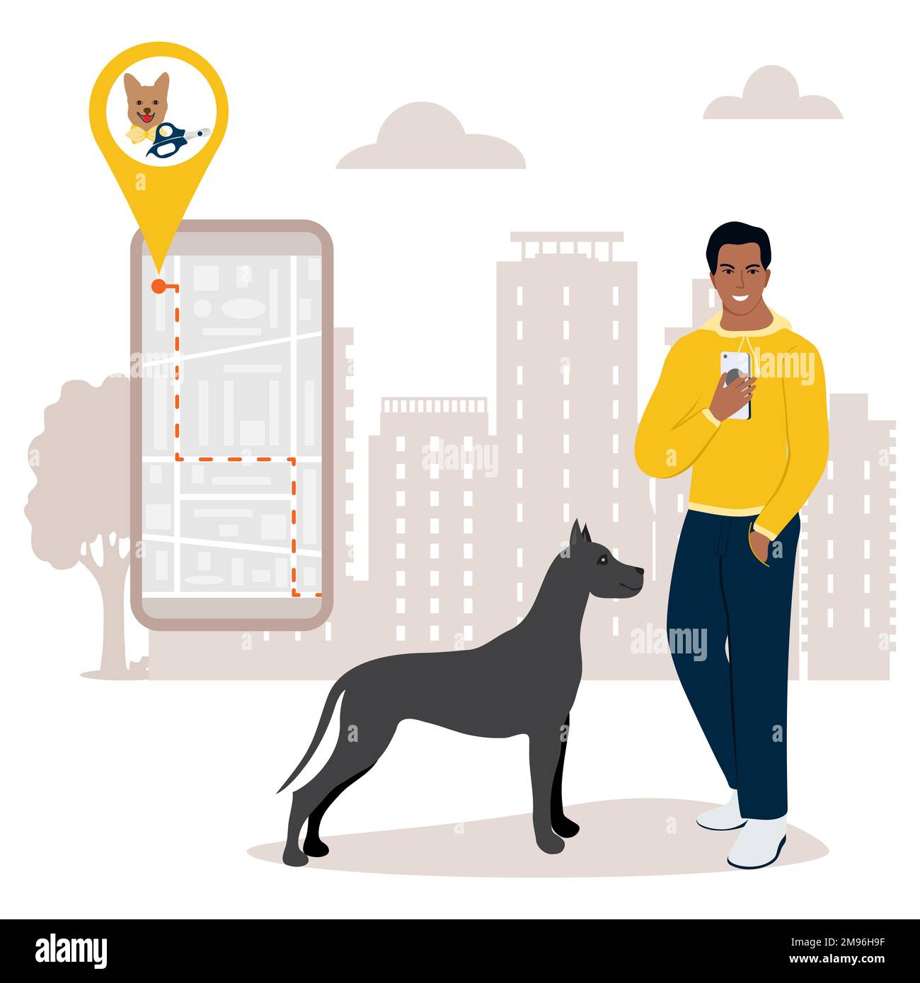 Illustration vectorielle Man utilise l'application sur le téléphone portable pour rechercher la groomer d'animal de compagnie la plus proche. Toilettage professionnel, salon de coiffure pour chiens. Animal domestique Illustration de Vecteur