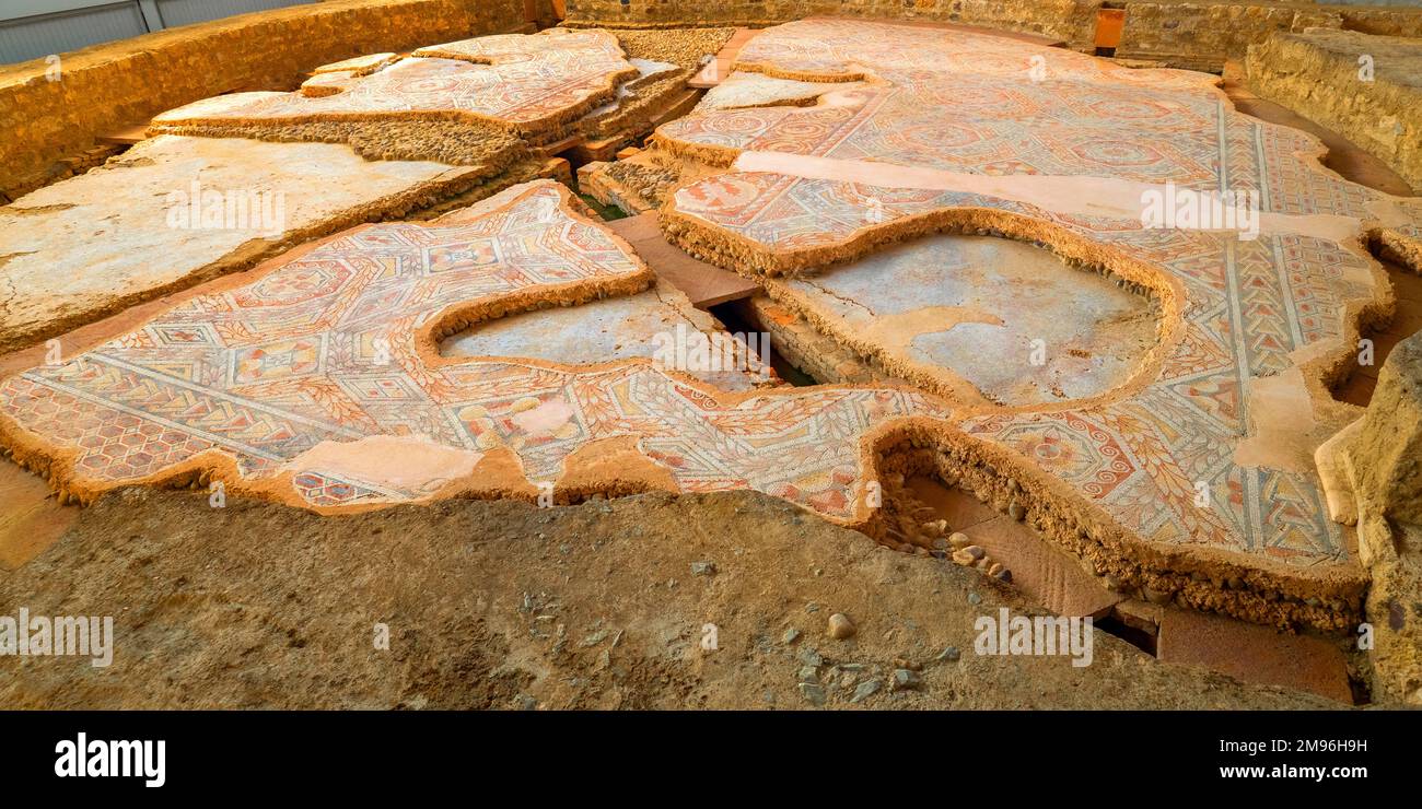 Mosaïque romaine, village romain de la Olmeda, site archéologique, propriété culturelle espagnole, Pedrosa de la Vega, Palencia, Castille et Leon, Espagne, Europe Banque D'Images