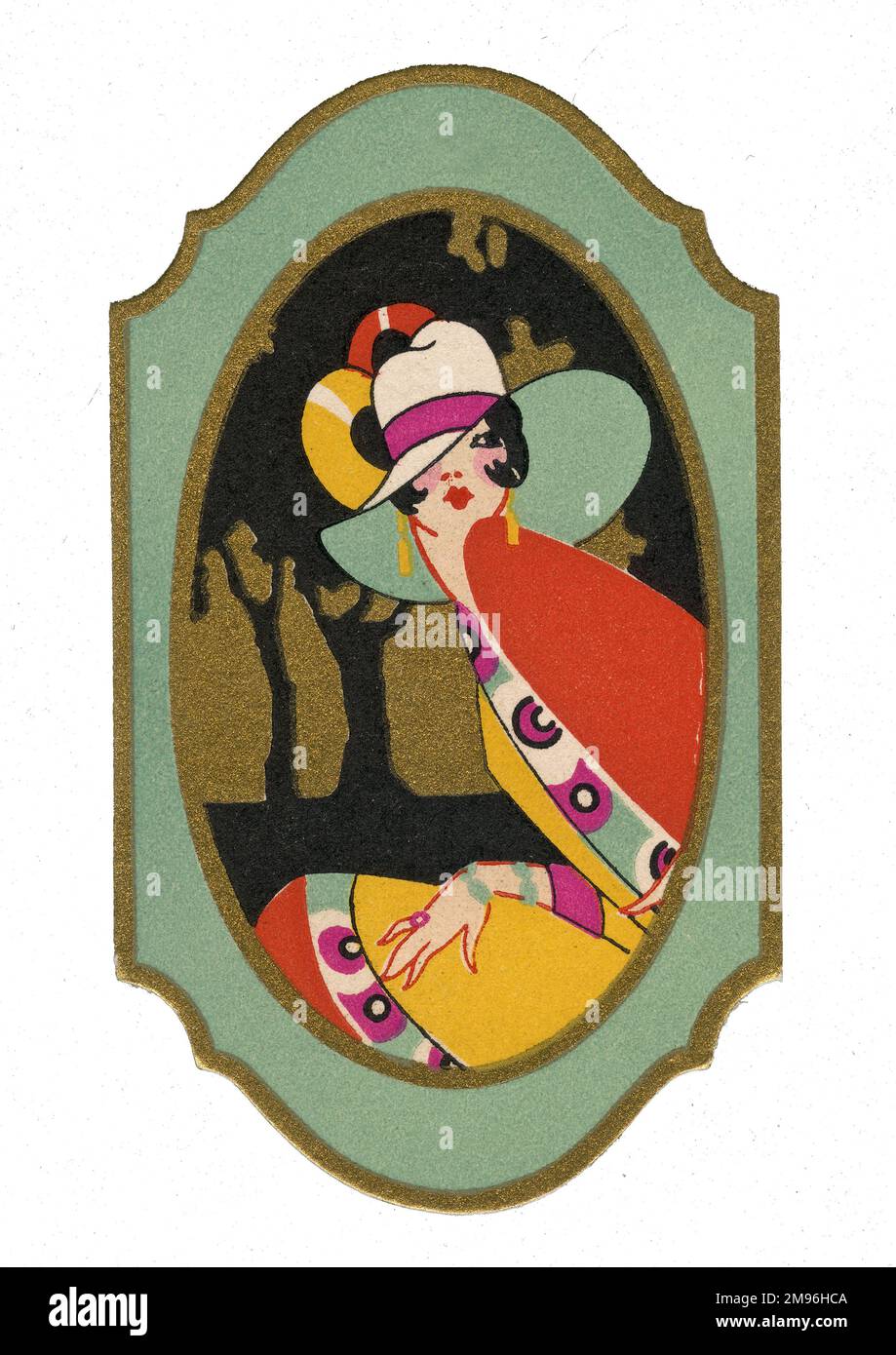 Motif étiquette représentant une femme élégante en costume coloré. Banque D'Images