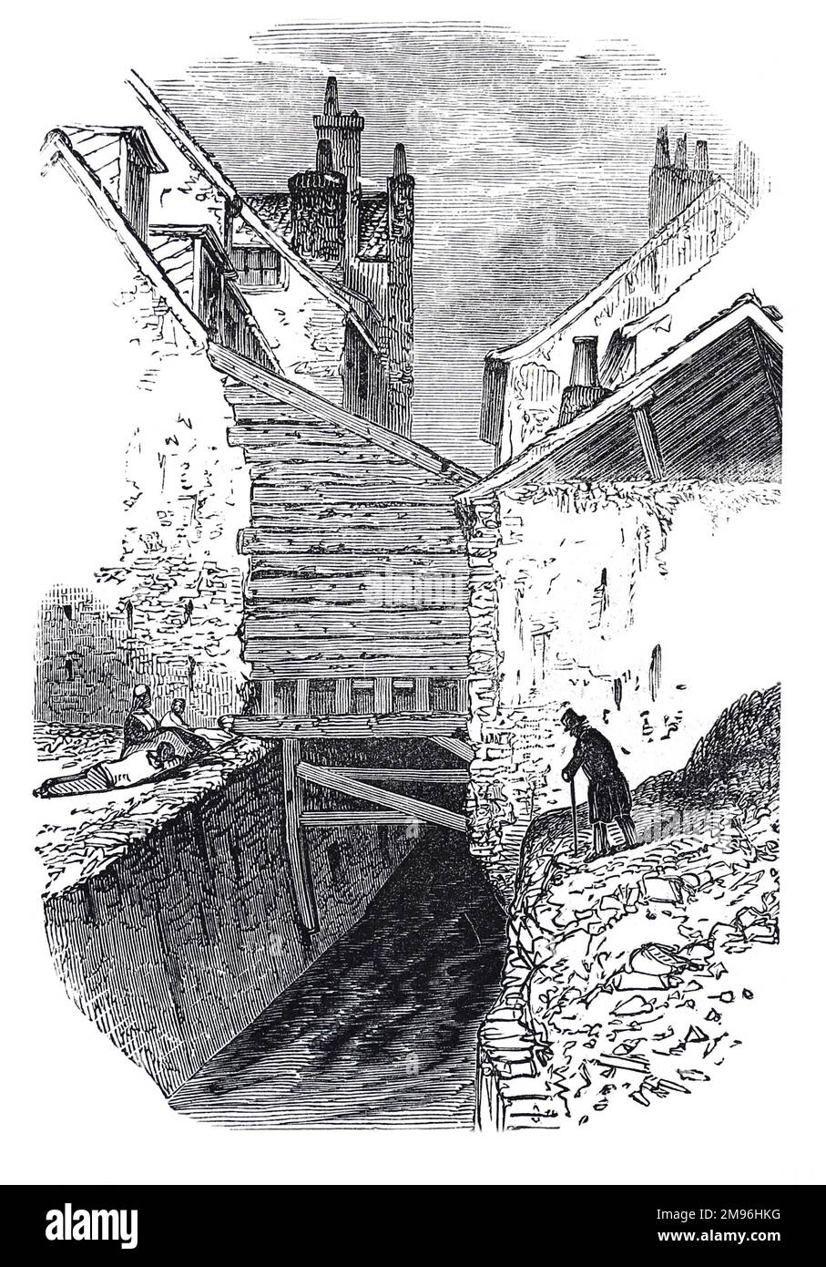 Ancien logement à Clerkenwell, Londres. Illustration en noir et blanc de la London Illustrated News; août 1844. Banque D'Images