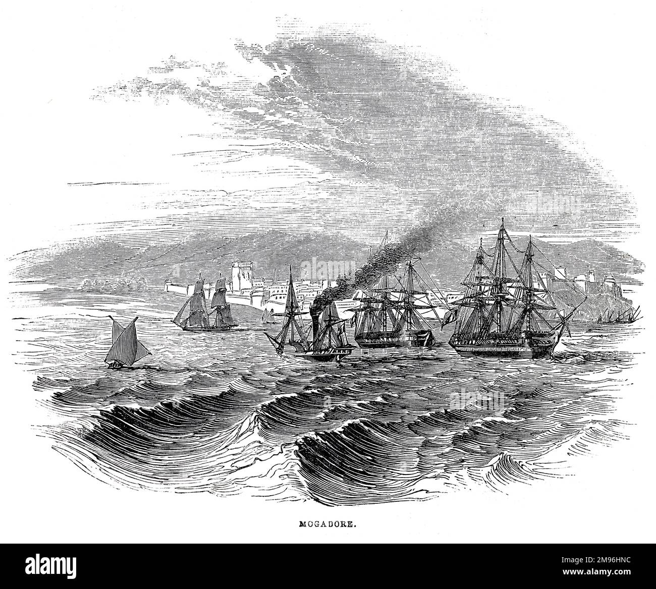 Navires du cours du Port d'Essaouira, anciennement Mogador, Maroc, Afrique du Nord. Illustration en noir et blanc de la London Illustrated News; août 1844. Banque D'Images