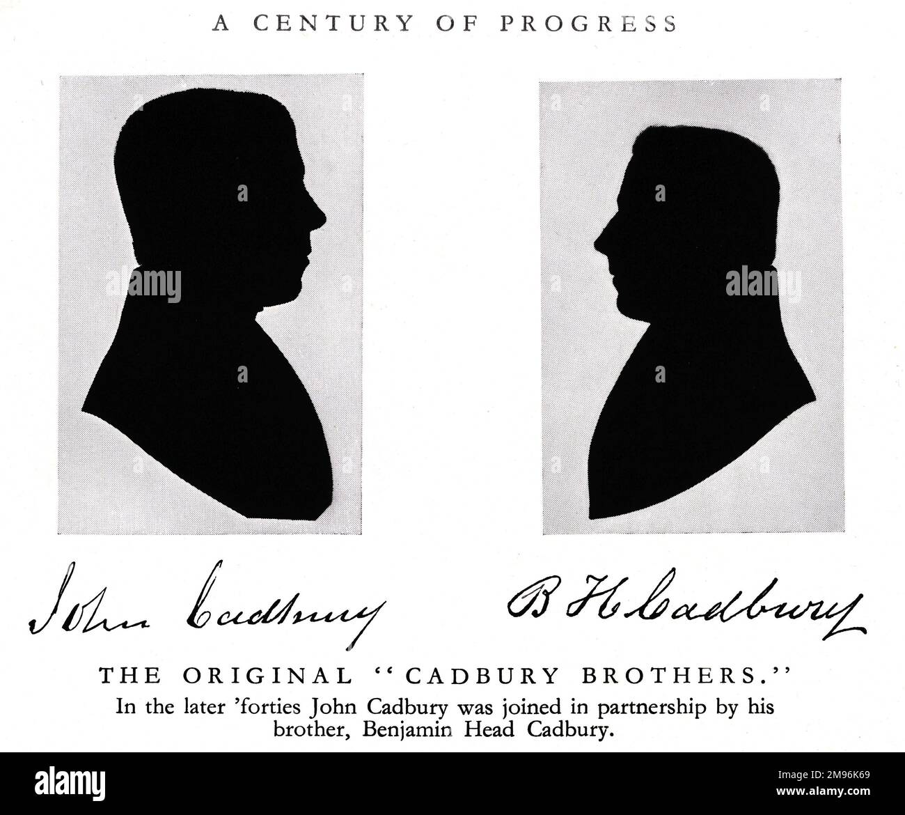Portraits silhouettes des premiers Cadbury Brothers, John (à gauche, (1801-1889) et Benjamin Head (à droite, 1798-1880). Banque D'Images