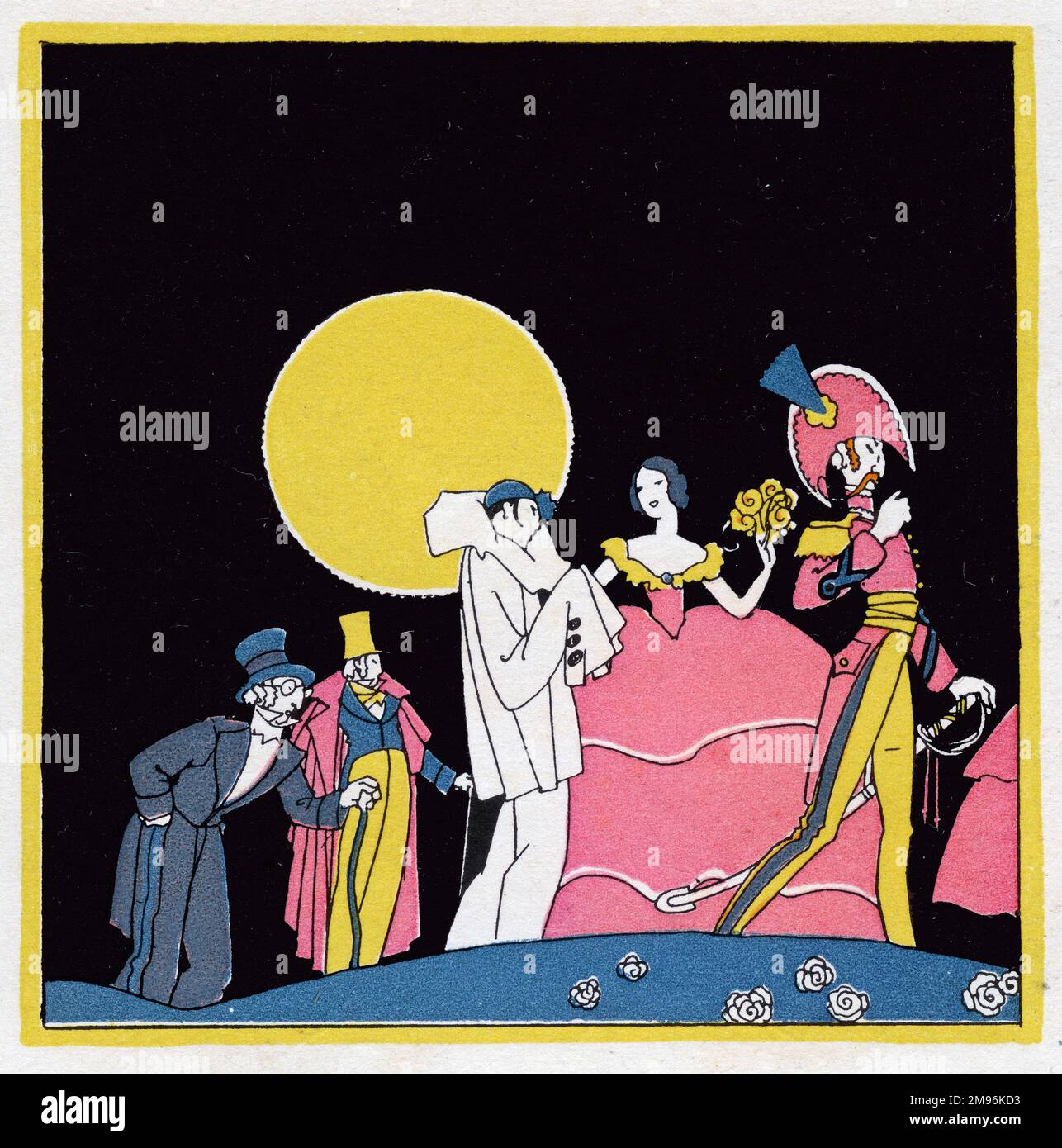 Illustration de l'Arlequin, avec le capitaine à droite, Pierrot et Columbine, Lelio et Pantaloon. Banque D'Images