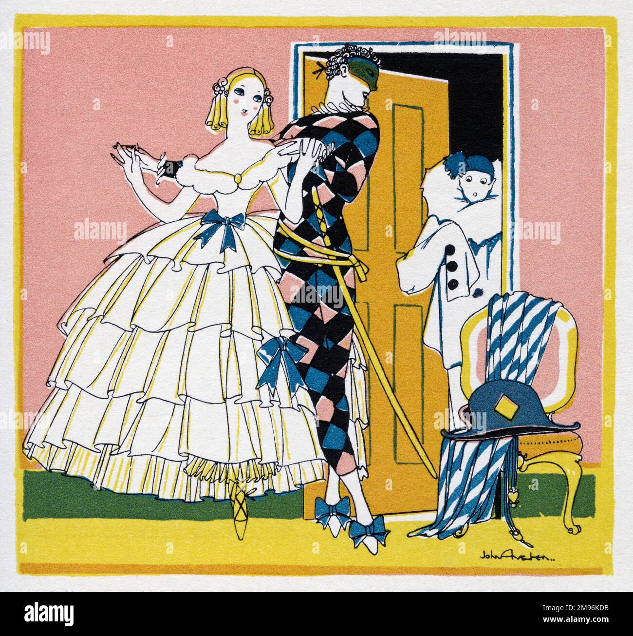 Illustration de l'Arlequin, montrant l'Arlequin et la Columbine, avec Pierrot regardant par une porte ouverte. Banque D'Images
