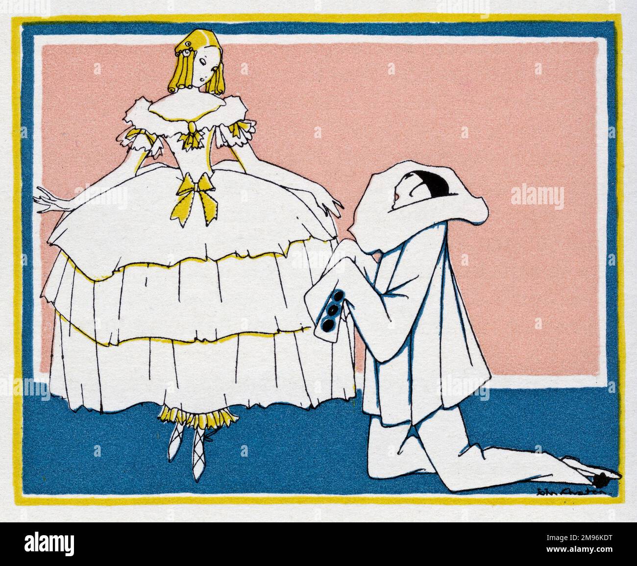 Illustration de l'Arlequin, montrant Pierrot s'agenouillant aux pieds de Columbine. Banque D'Images