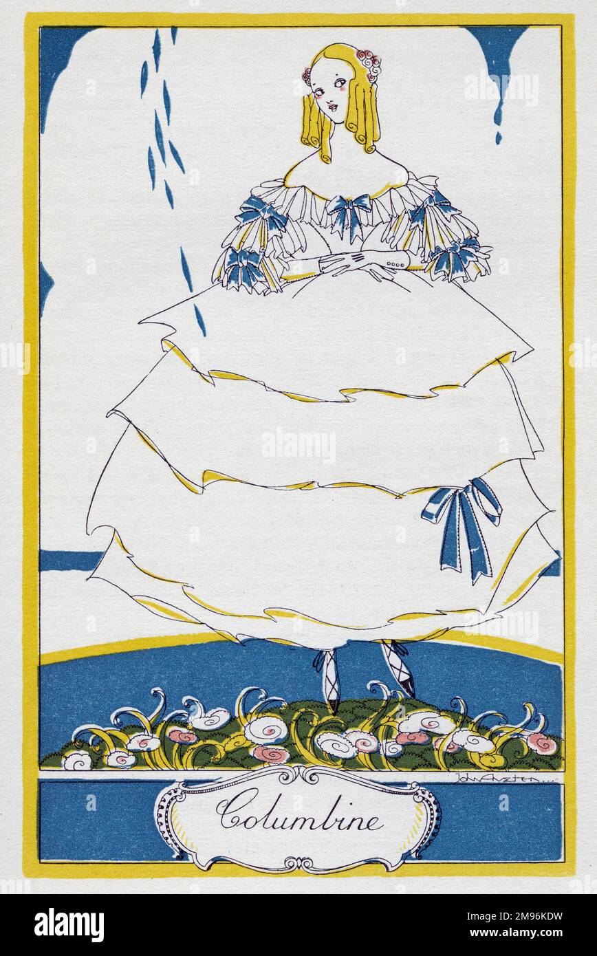 Illustration de l'Arlequin, montrant Columbine dans un jardin. Banque D'Images