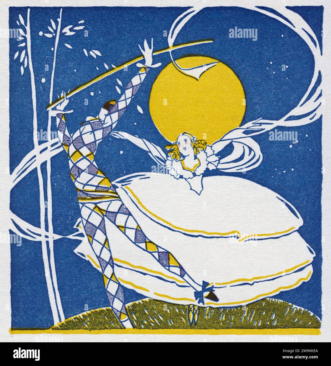 Illustration de l'Arlequin, montrant l'Arlequin et la Columbine dansant à la lumière d'une pleine lune. Banque D'Images