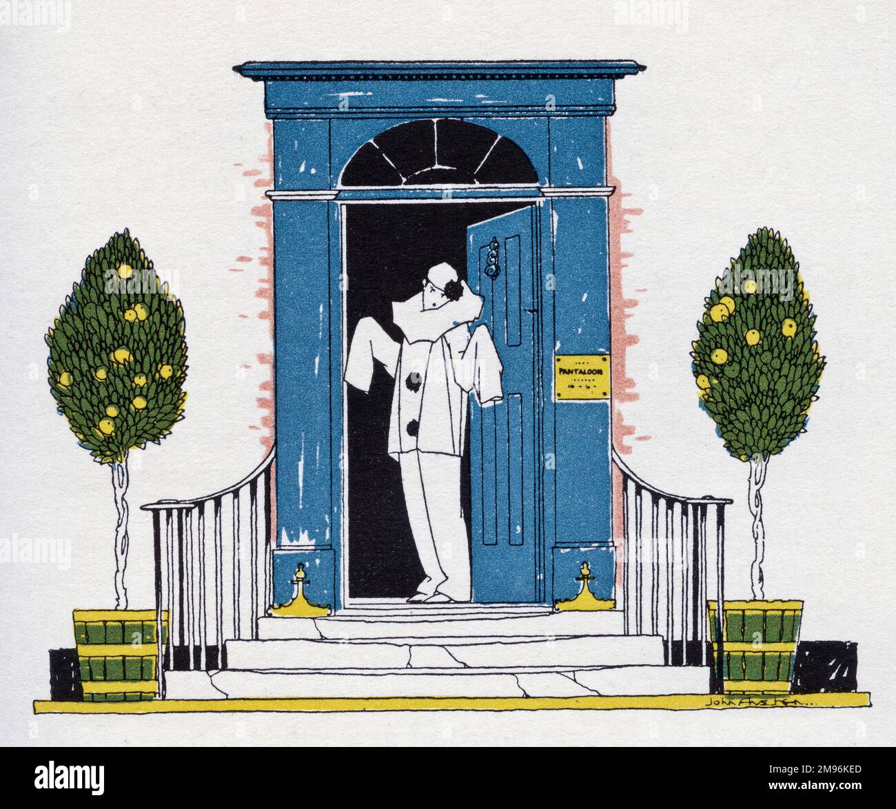 Illustration de l'Arlequin, montrant Pierrot à la porte de la maison de Pantaloon. Banque D'Images