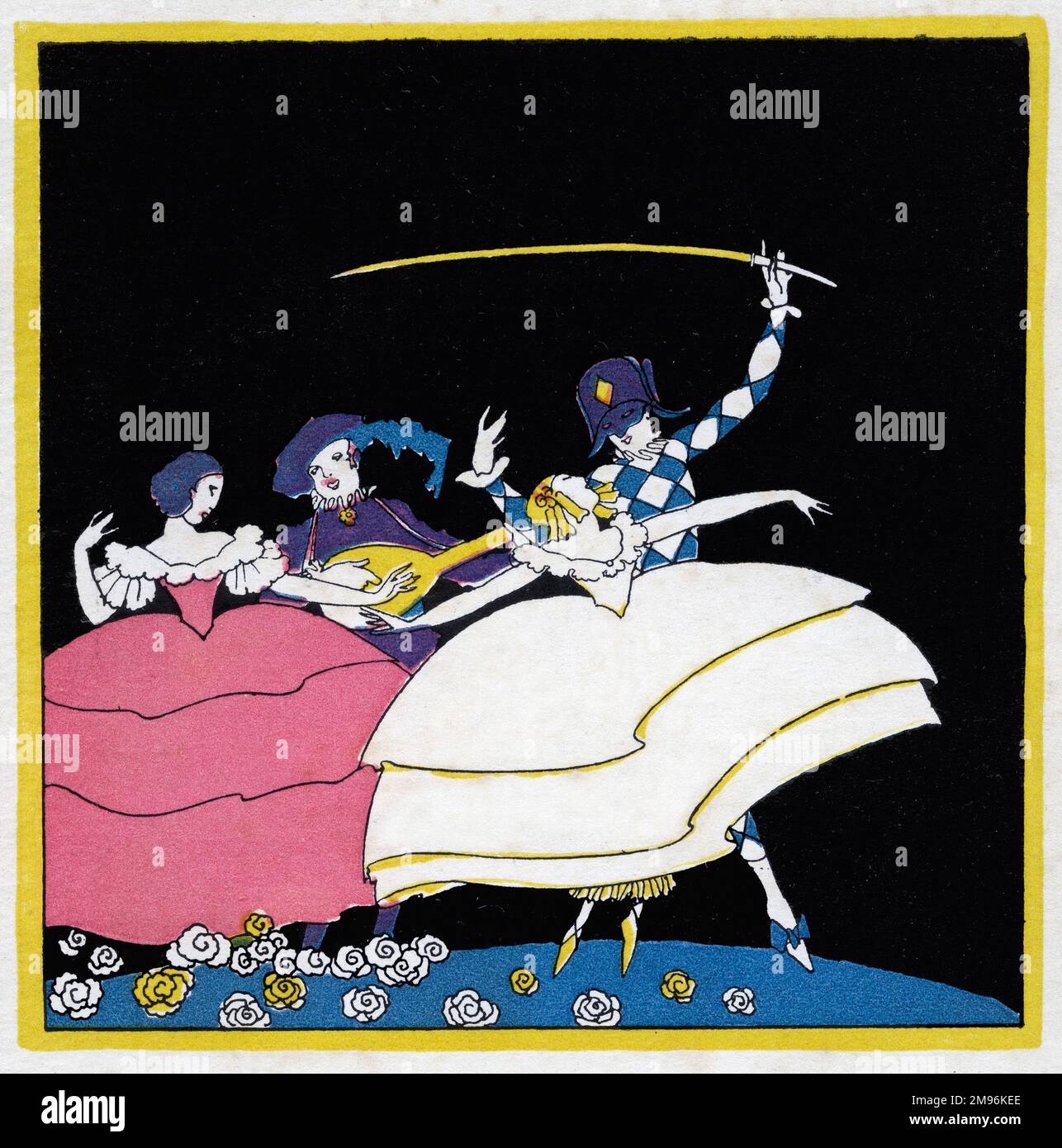 Illustration de l'Arlequin, montrant la danse de l'Arlequin et de la Columbine, accompagnée d'un luth de Scaramouche, et d'une seconde femme. Banque D'Images