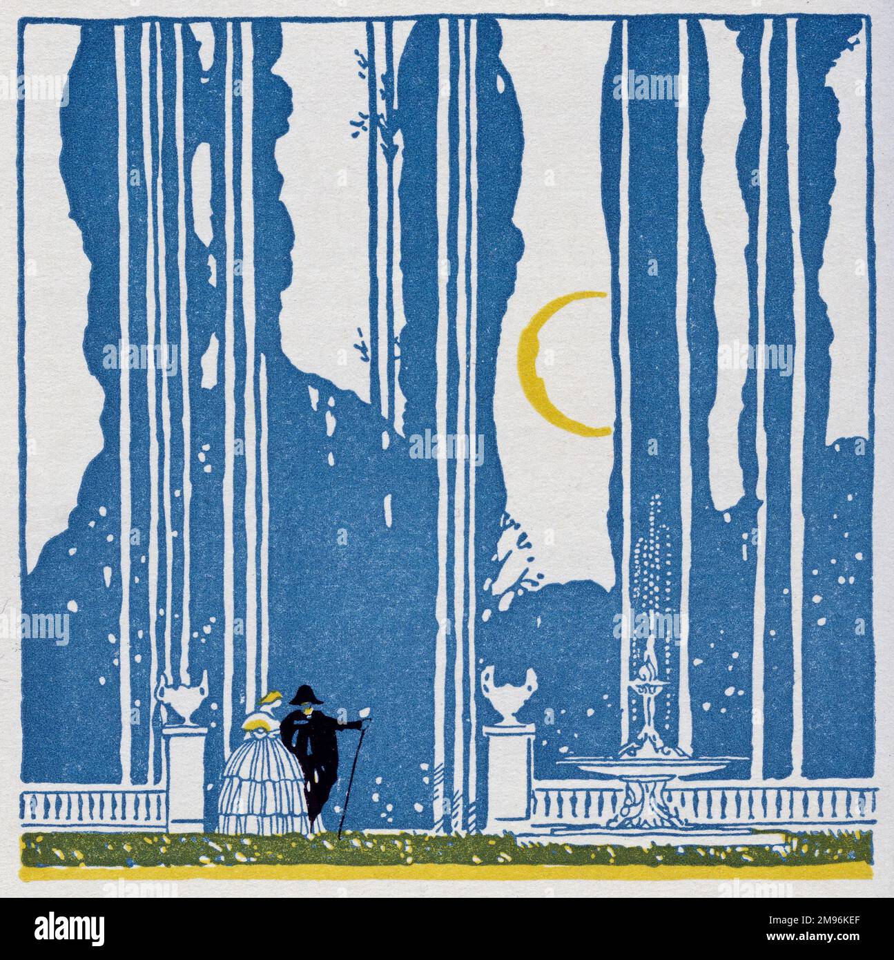 Illustration de l'Arlequin, montrant Columbine et Arlequin dans un jardin. Banque D'Images