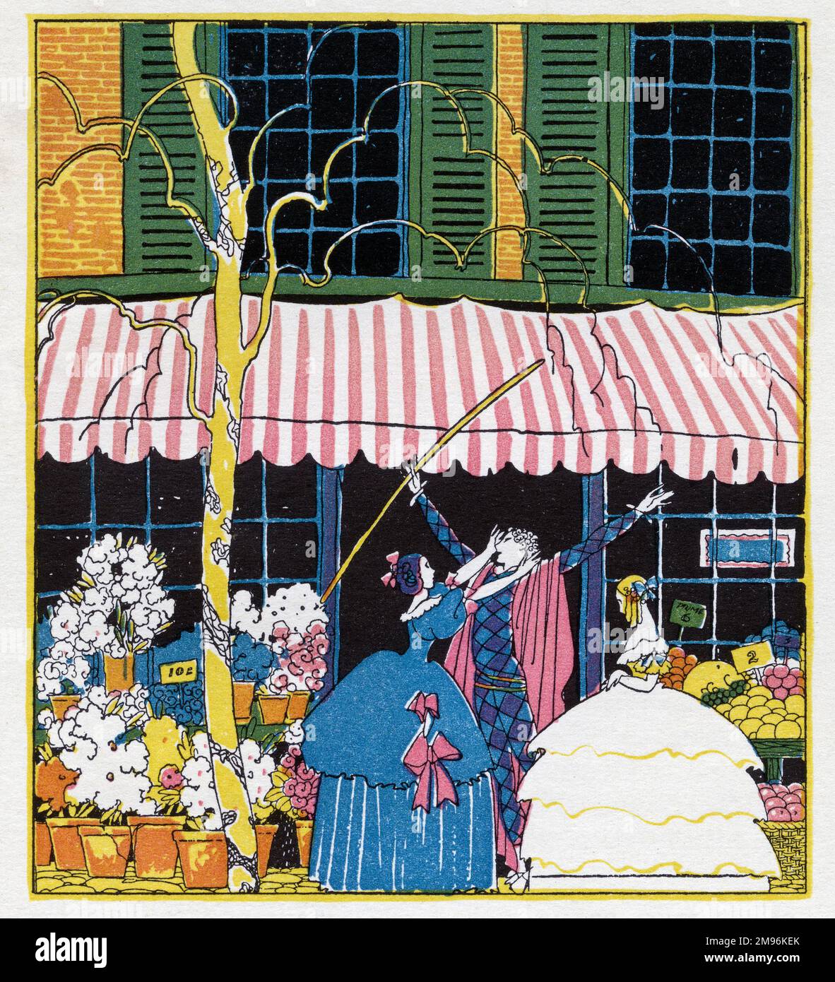 Illustration d'Harlequin, montrant Harlequin, Columbine et une autre femme à l'extérieur d'un magasin. Banque D'Images