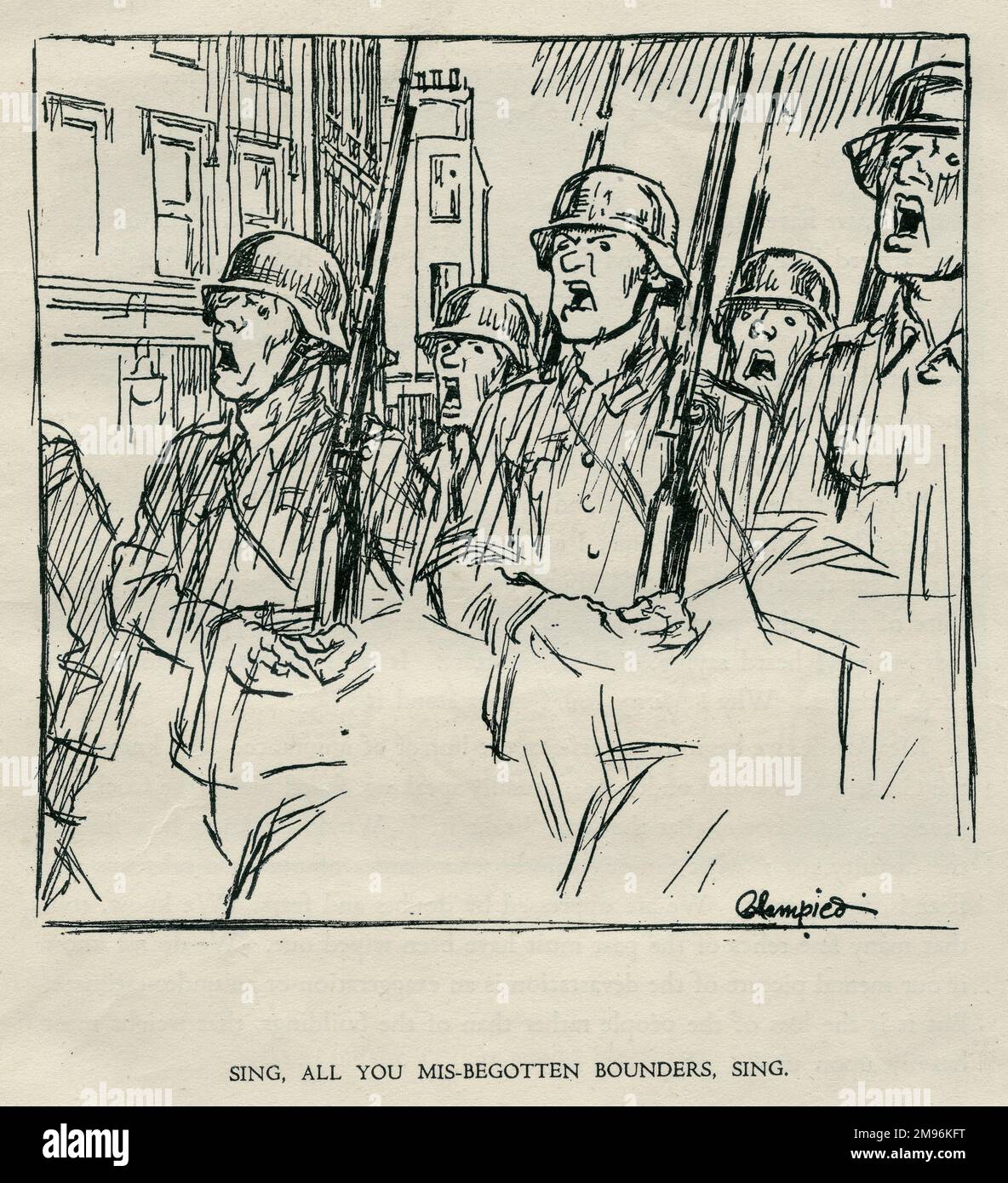 Illustration, Jersey en prison, montrant les soldats nazis marchant dans une rue -- Sing, vous tous les mendiants, chantant. Banque D'Images