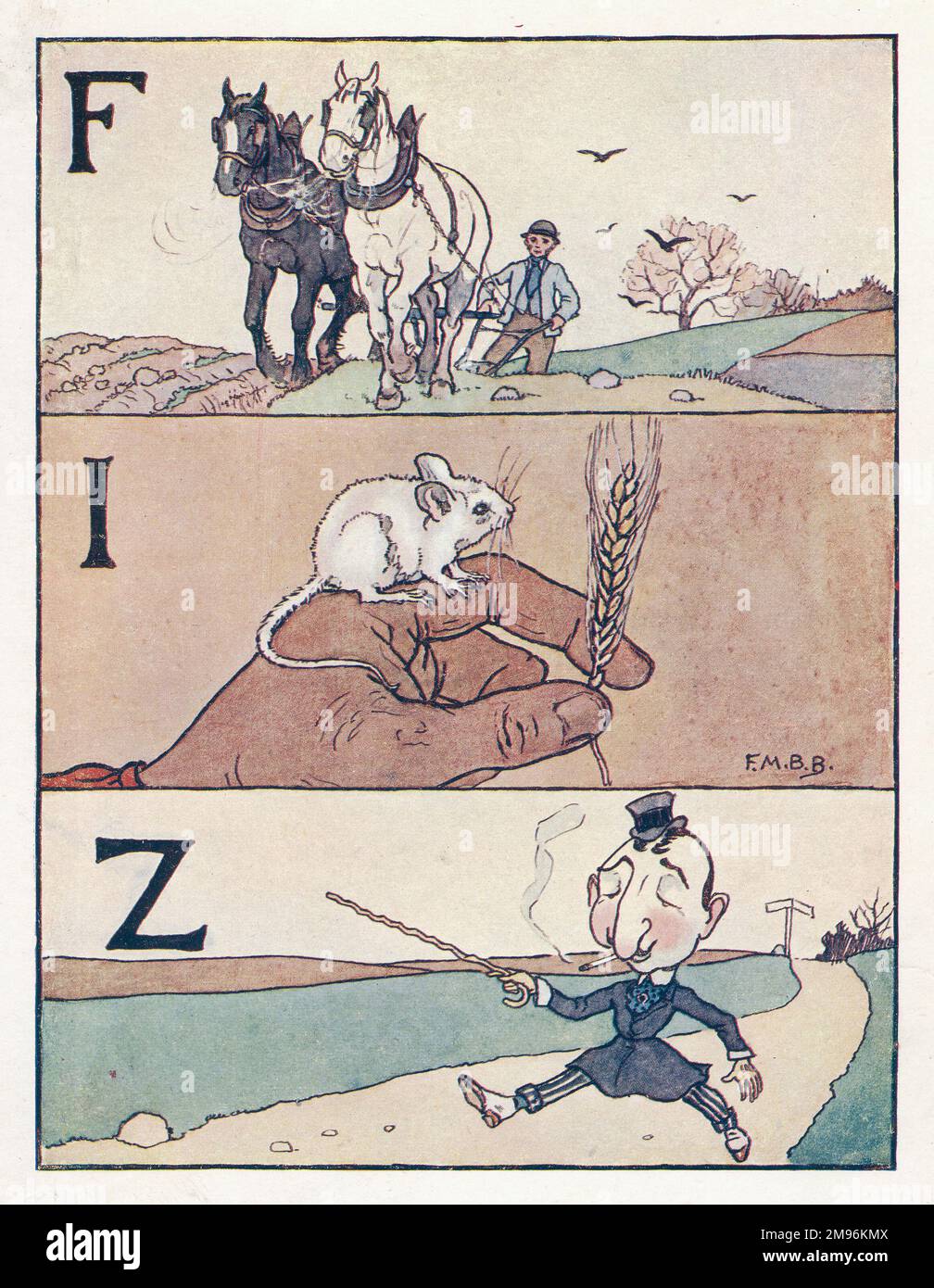 Comptine Rhymes -- trois illustrations pour trois lettres de l'alphabet. Montrant un homme labourant un champ, une souris blanche assise sur la main d'une personne avec une tête de blé, et un homme habilement habillé marchant le long d'une route de campagne. Banque D'Images