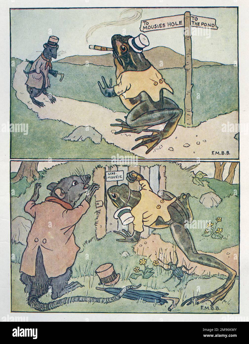 Crèches Rhymes -- Une grenouille qu'il A un-wooing aller. La grenouille avec l'oncle Rat, sur le chemin de la maison de Miss Mousie. Banque D'Images