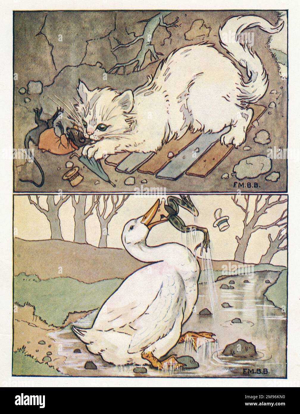 Crèches Rhymes -- Une grenouille qu'il A un-wooing aller. Un chat blanc prend l'Oncle Rat (ci-dessus), et une oie blanche prend la grenouille (ci-dessous). Banque D'Images