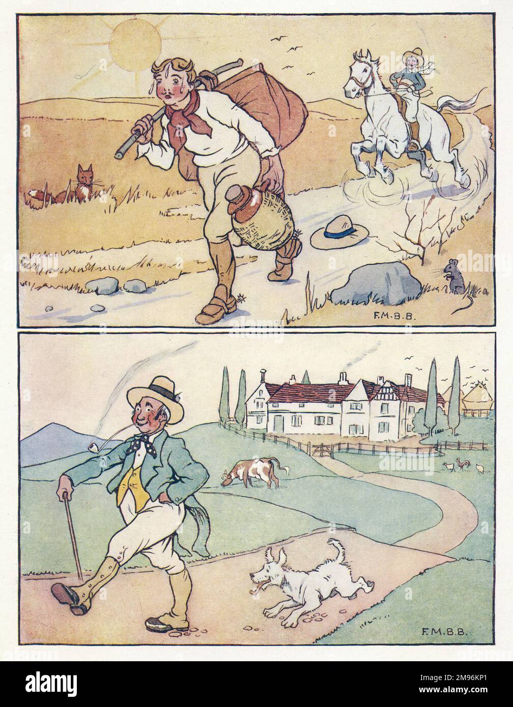 Pépinière Rhymes -- deux scènes de voyage. Au-dessus -- un homme marche le long d'une route avec un sac lourd et un pot lors d'une journée chaude, suivi d'un homme à cheval. Ci-dessous -- un riche fermier dans ses meilleurs vêtements va pour une promenade avec son chien. Banque D'Images