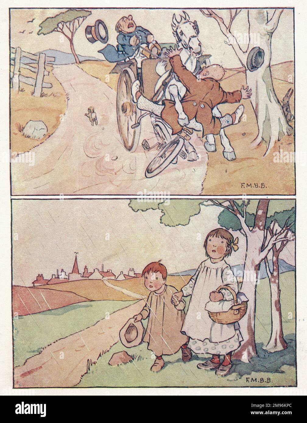 Comptine Rhymes -- deux illustrations. Ci-dessus -- un accident sur une route de campagne impliquant un piéton et une voiturette tirée par des chevaux. Ci-dessous -- une fille et un garçon abri sous un arbre pendant une douche de pluie. Banque D'Images