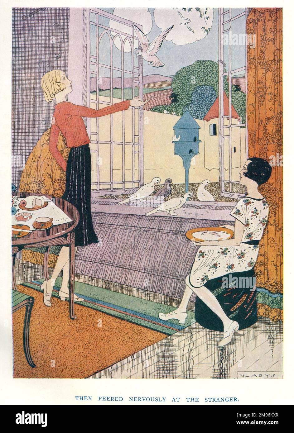 Gladys Peto illustration à Storyland -- ils ont peativement peativement à l'étranger. Montrant deux jeunes femmes nourrissant des colombes blanches à une fenêtre ouverte. Banque D'Images
