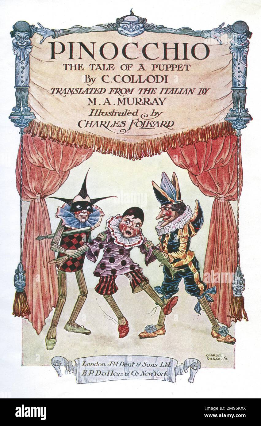 Couverture design, Pinocchio, la Tale d'un marionnette par C Collodi, traduit de l'italien par M A Murray, illustré par Charles Folkard. Trois marionnettes en bois encadrées de rideaux de théâtre. Banque D'Images