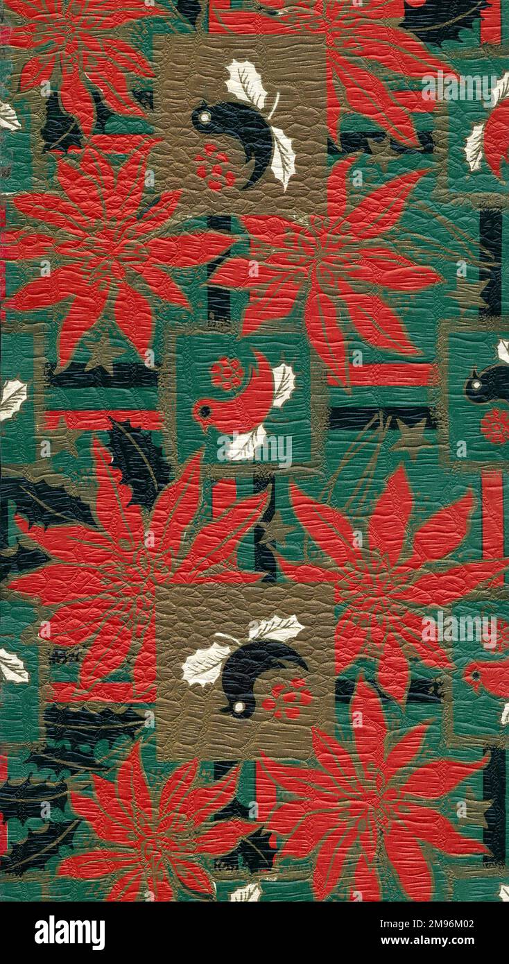 Papier d'emballage exemple de conception -- papier de Noël avec poinsettia rouge, oiseaux et houx. Banque D'Images