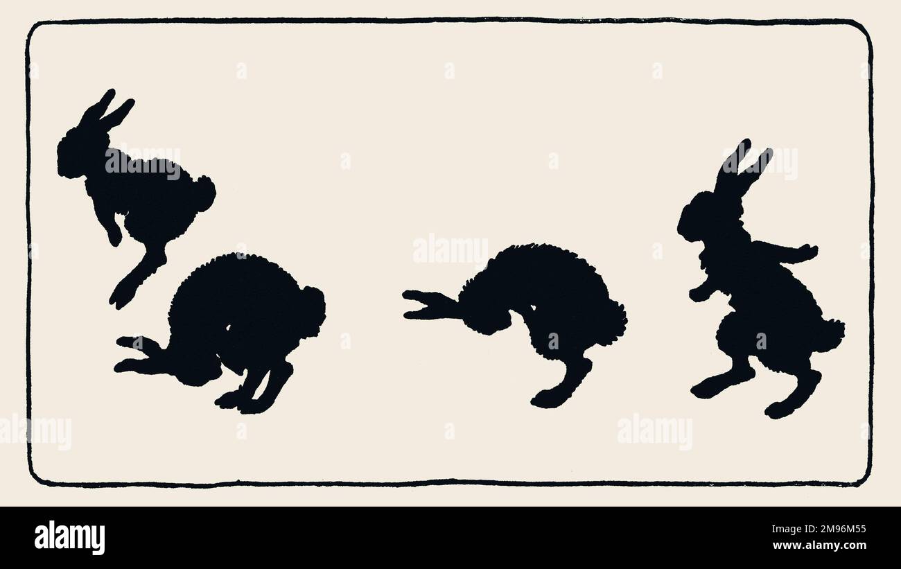 Tickety Tock Silhouette Illustration -- quatre lapins sautant. Banque D'Images