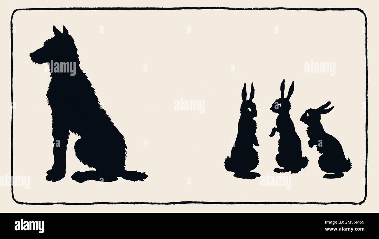 Tickety Tock Silhouette Illustration -- un chien est assis avec son dos à trois lapins. Banque D'Images