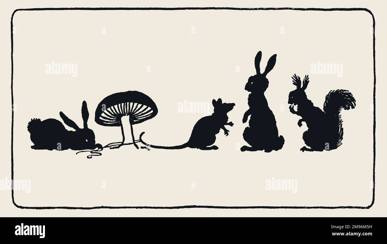 Tickety Tock Silhouette Illustration -- deux lapins, un rat et un écureuil. Banque D'Images