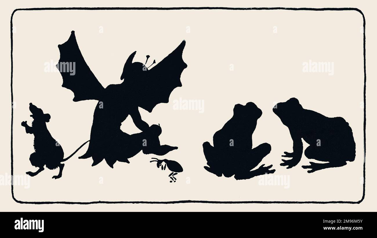 Tickety Tock Silhouette Illustration -- deux grenouilles, un goblin, un insecte et une souris. Banque D'Images