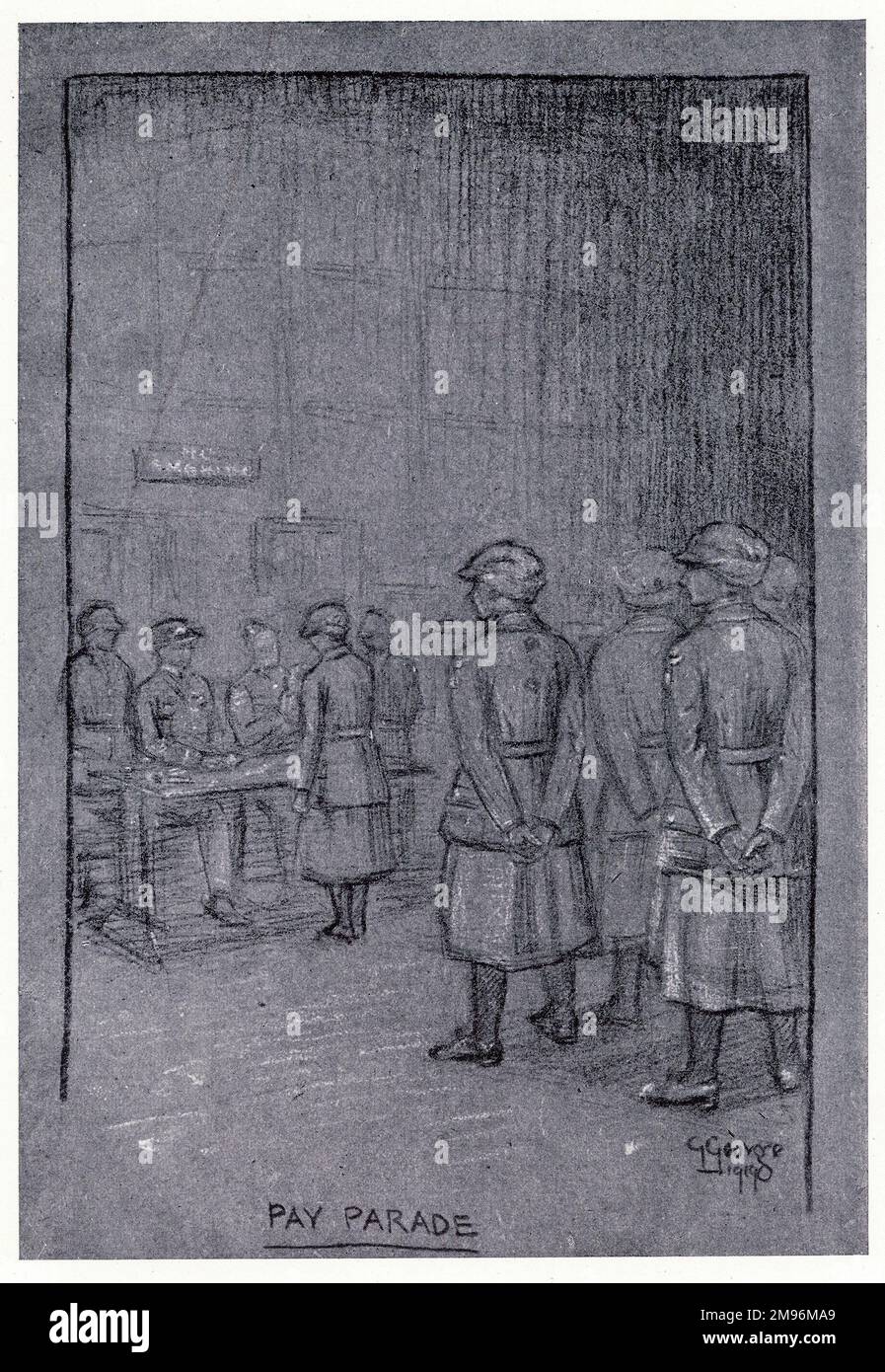 Illustration, huit mois avec la Royal Air Force féminine. Montrer aux femmes qui font la queue pour recevoir leur salaire des officiers masculins. Banque D'Images
