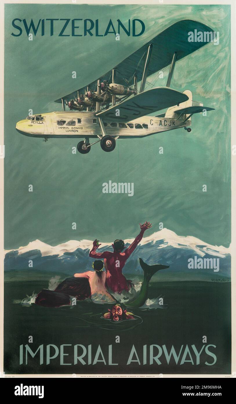 Affiche Imperial Airways, montrant un avion de passagers Scylla volant en Suisse, avec une sirène et un merman regardant vers le haut en émerveillement. Banque D'Images